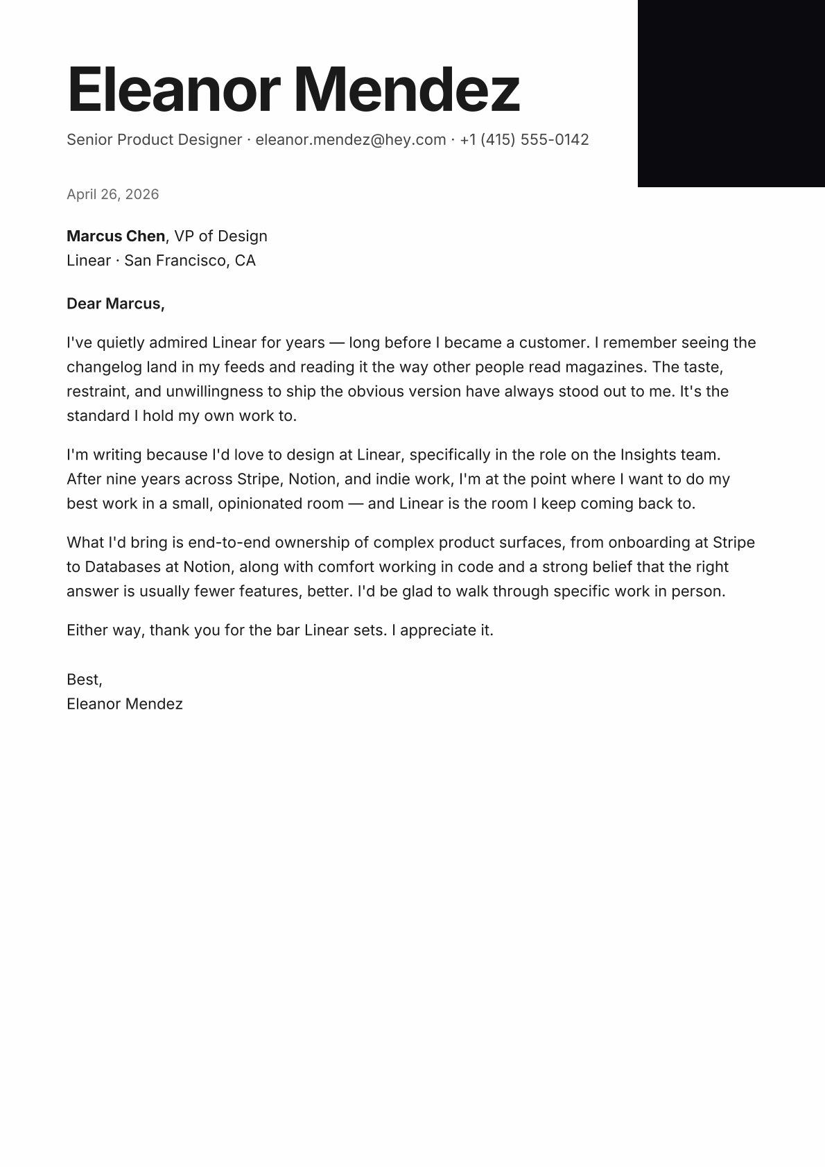ArcPixel Studio cover letter template preview with illustrative content, not a customer letter